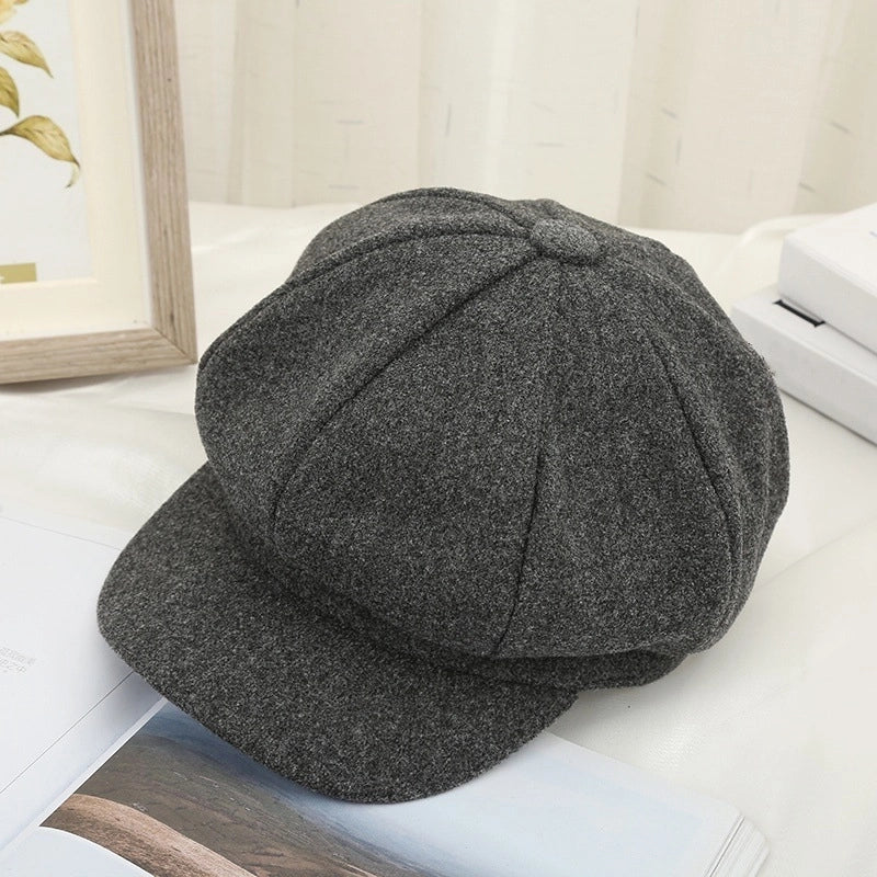 Octagonal Hat New Female Autumn And Winter Korean Woolen Hat Warm Fashion Retro Duck Tongue Beret Spot