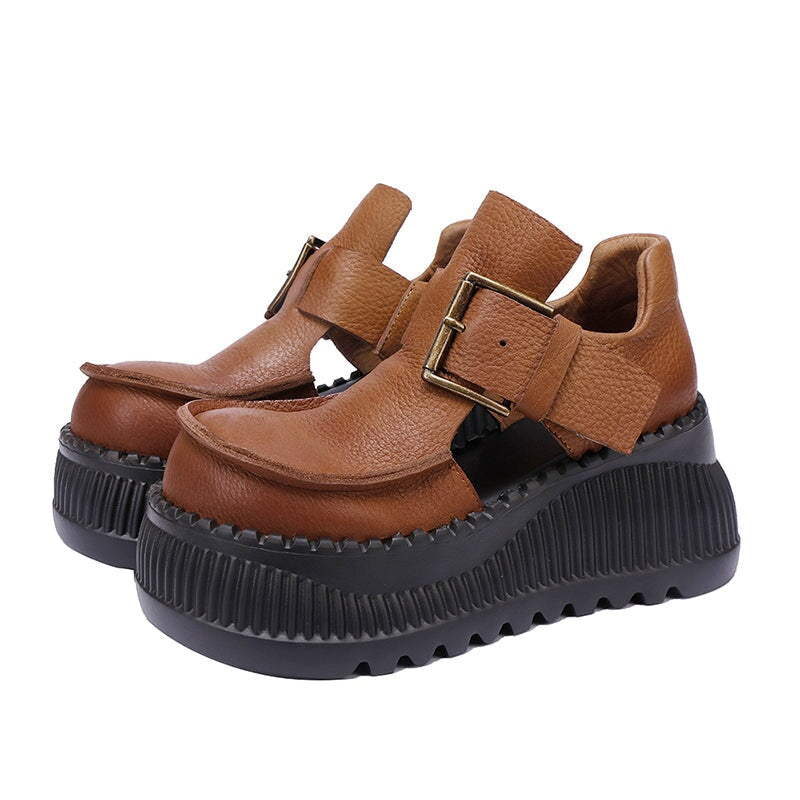 75mm Platform T-Straps Sandals Cowhide Mary Jane Shoes in Black/Light Brown