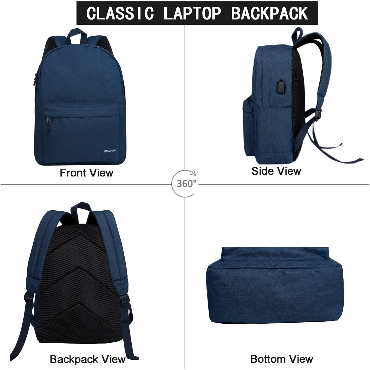 SUPACOOL Casual Laptop Backpack for Men and Women, School Backpack for Boys and Girls, College Bookbag, USB Charging Port, Lightweight Back Pack(Black)