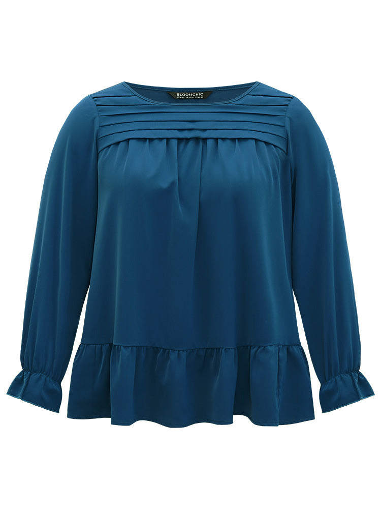 Static-Free Plain Pleated Ruffles Lantern Sleeve Blouse