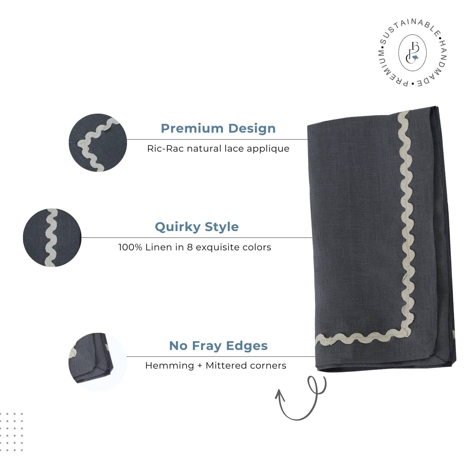 Charcoal Gray Rick Rack Lace 100% Linen Napkins