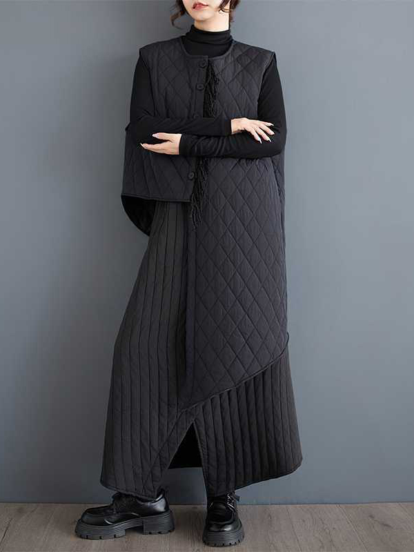 Loose Sleeveless Asymmetric Buttoned Quilted Solid Color Round-Neck Padded Vest