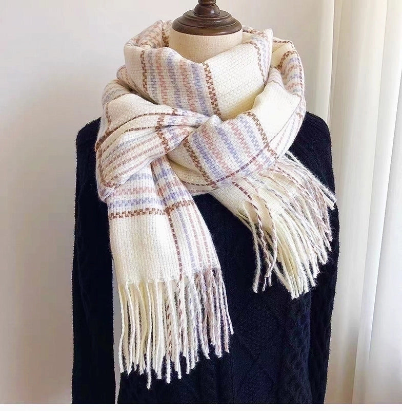 New Plaid Autumn And Winter White Scarf Women's  Atmosphere Warm Soft Tassel Shawl Scarf