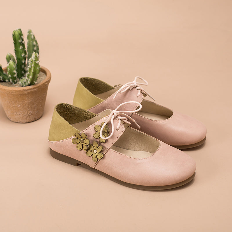 Soft Leather Mary Jane Flats Handmade Flowers Details Pink/Apricot