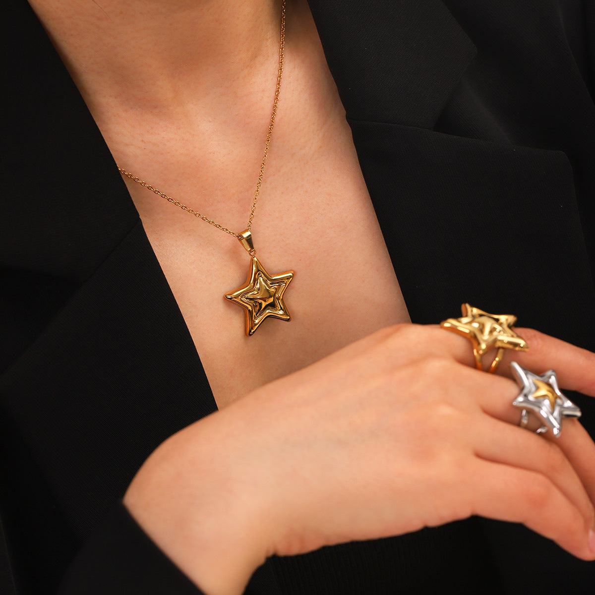 Stainless Steel Five-Pointed Star Pendant Necklace Gold And Silver Color Matching Star-Shaped Open Ring Titanium Steel Star Earrings