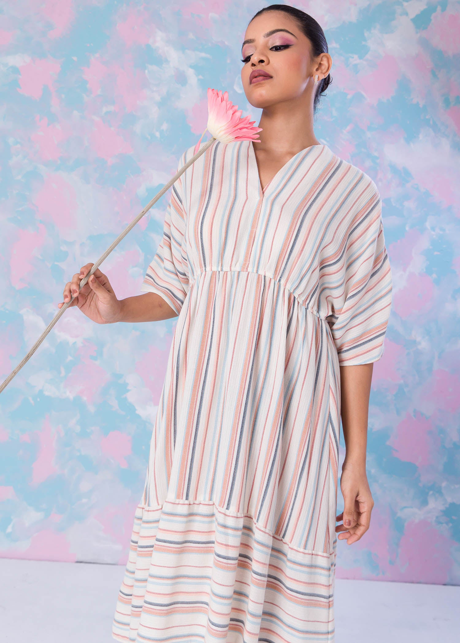 Stripe Dress With Batwing Sleeve