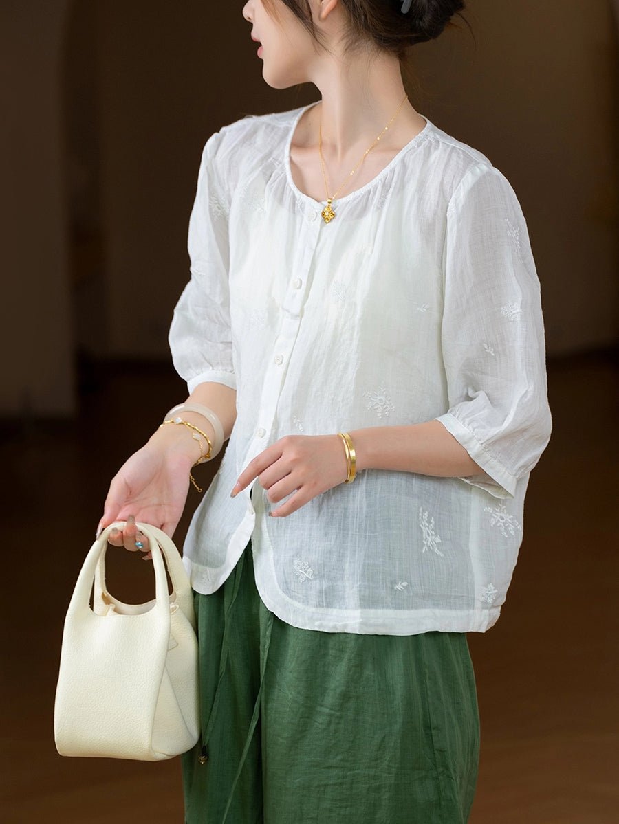 Women Summer Vintage Pure Color O-Neck 100%Ramie Shirt