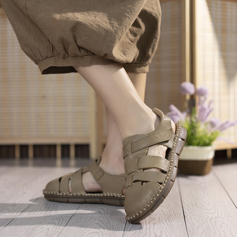 Genuine Leather Gladiator Sandals Summer Breathable Velcro Flat Shoes in Beige/Khaki/Coffee