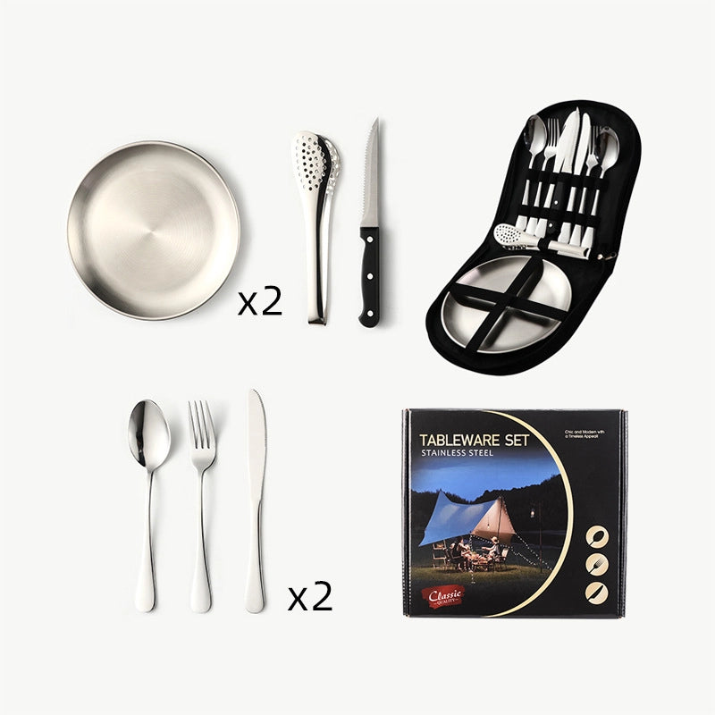 Outdoor Travel Stainless Steel Tableware Camping Picnic Barbecue Plate Clip Steak Knife. Fork And Spoon Suit Portable Storage Bag