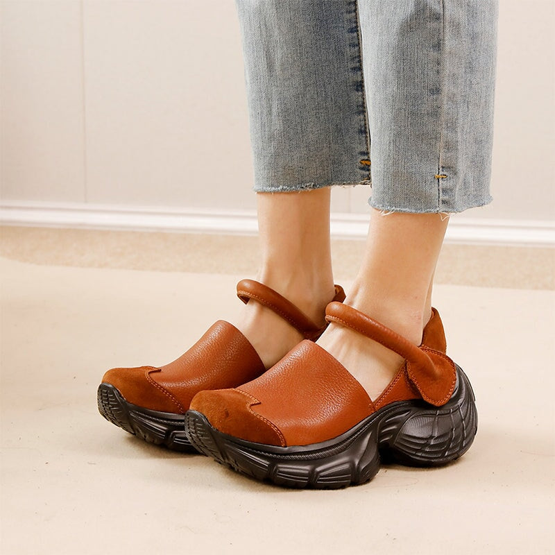 Chunky Platform Cow Leather Mary Jane Shoes with Adjustable Velcro Strap in Black/Light Brown