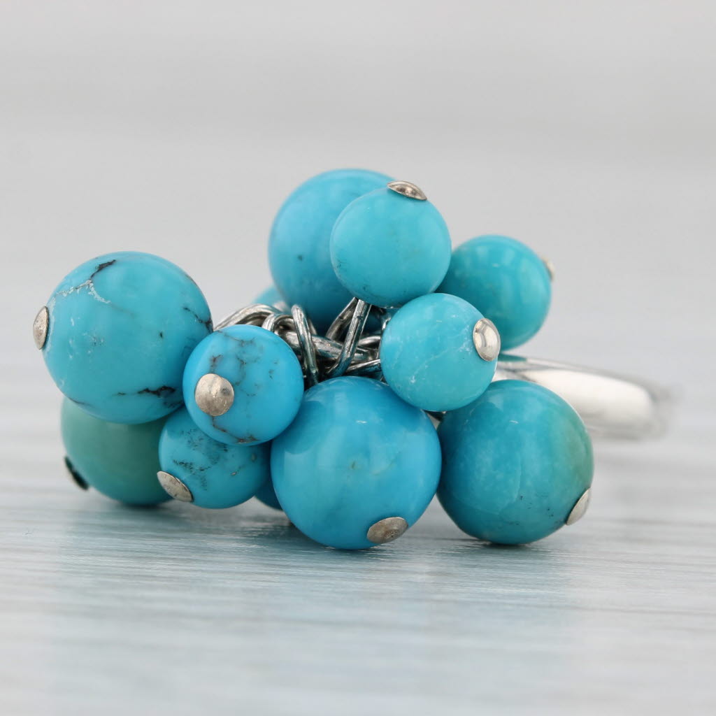 Turquoise Bead Cluster Ring Sterling Silver Size 6 Band Statement