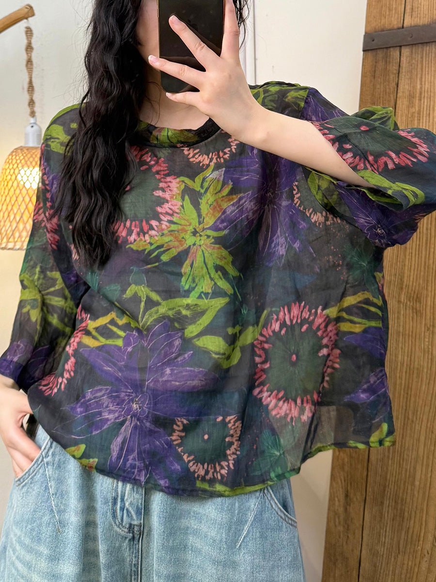 Women Summer Retro Flower Stand Collar Ramie Shirt