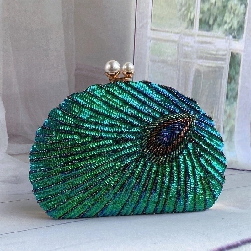 Blue Black Gold Metal Feather Beading Sequins Shell Evening Bags