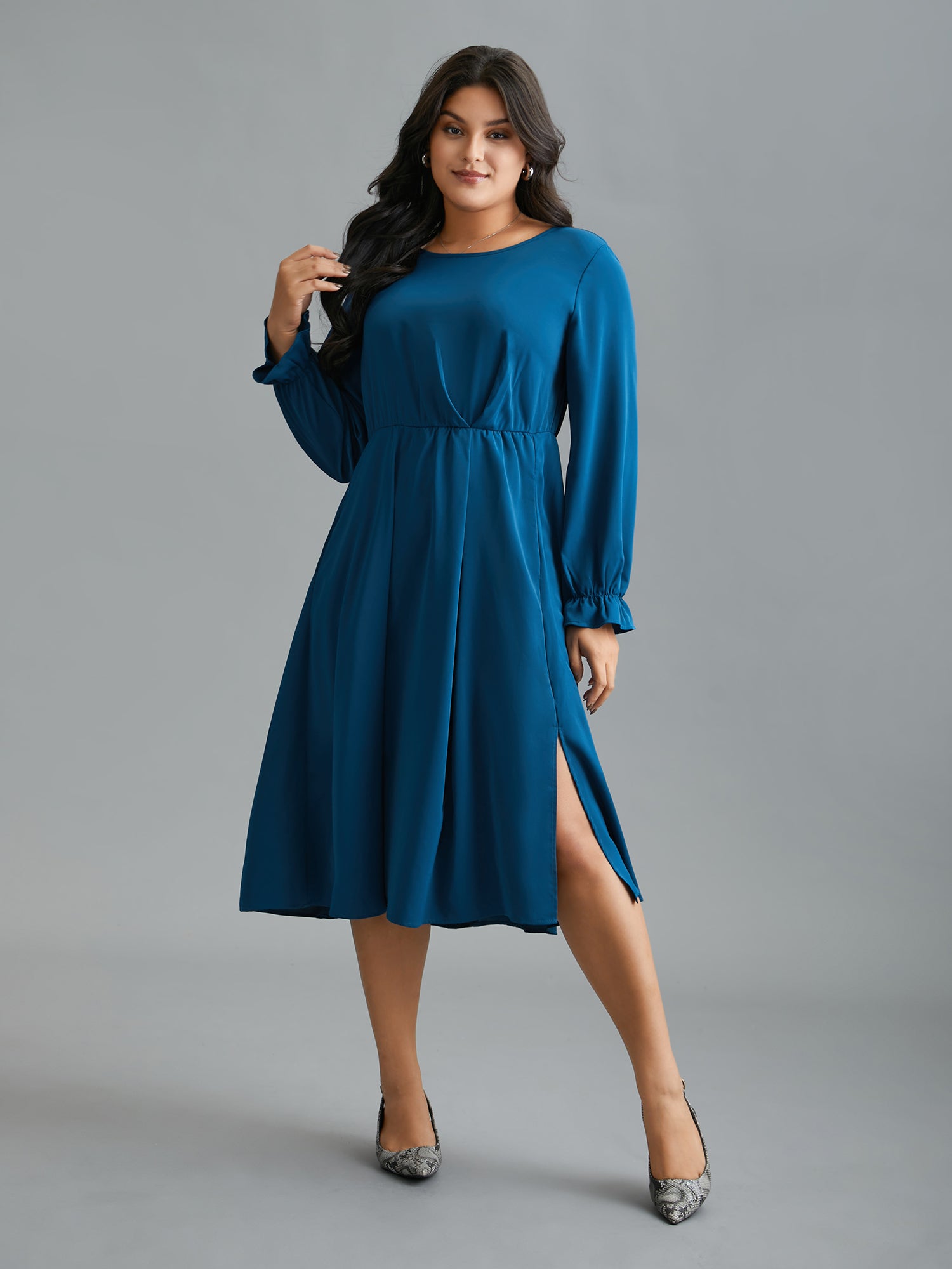 Ruffle Cuff Elastic Waist Split Hem Dress