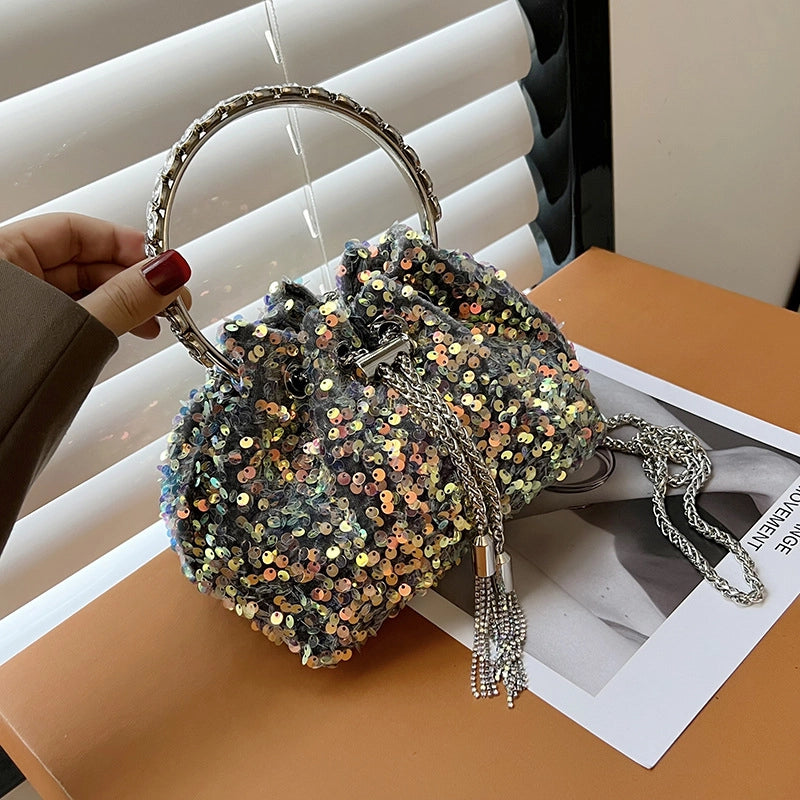 Women's Small Spring&summer Pu Leather Solid Color Fashion Sequins Bucket String Bucket Bag