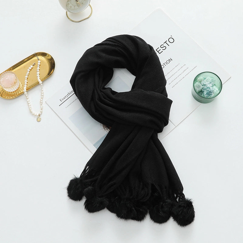 Cashmere Wool Scarf Women's Autumn And Winter High-grade Solid Color Ball Scarf Shawl Fur Ball Imitation Cashmere Scarf