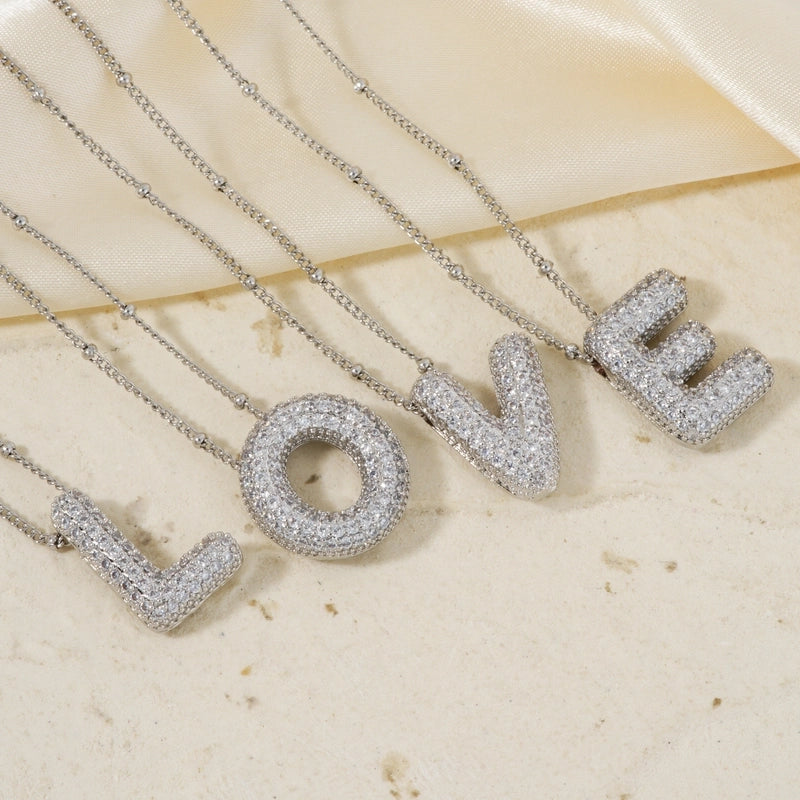 304 Stainless Steel Copper Rhodium Plated Three-dimensional Inlay Letter Zircon Pendant Necklace