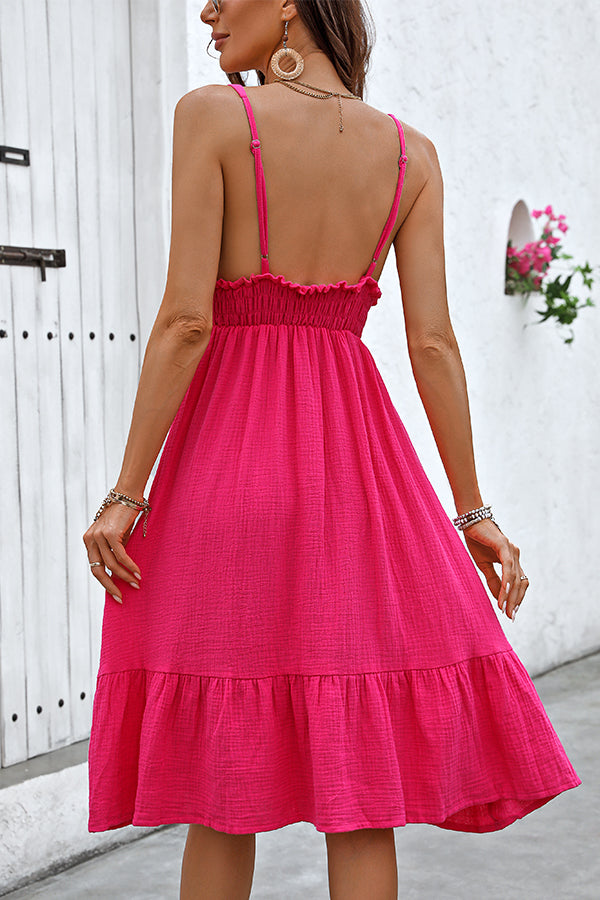 V Neck Smocked Waist Frill Casual Dress