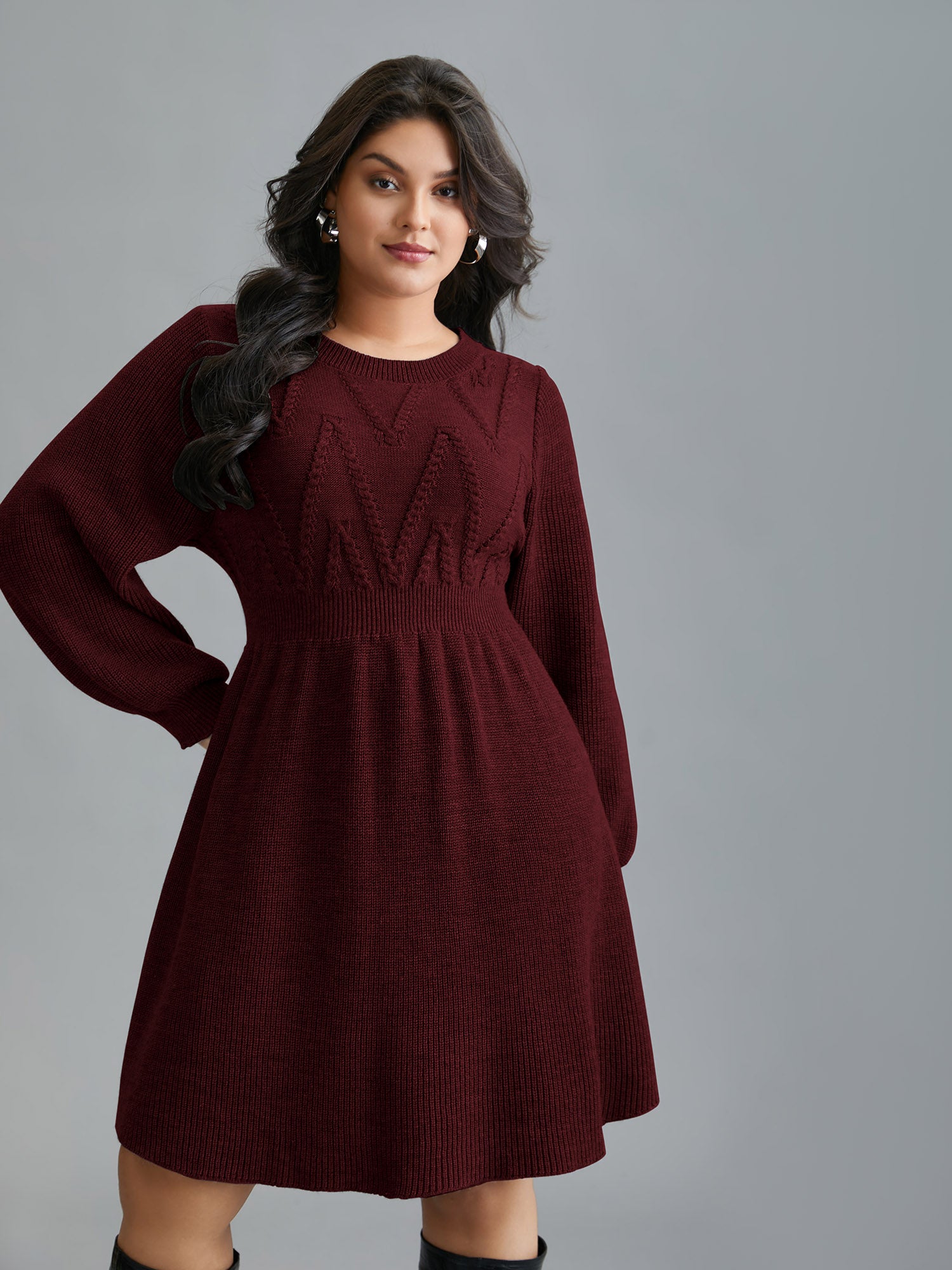 Cable Knit Elastic Waist Midi Sweater Dress