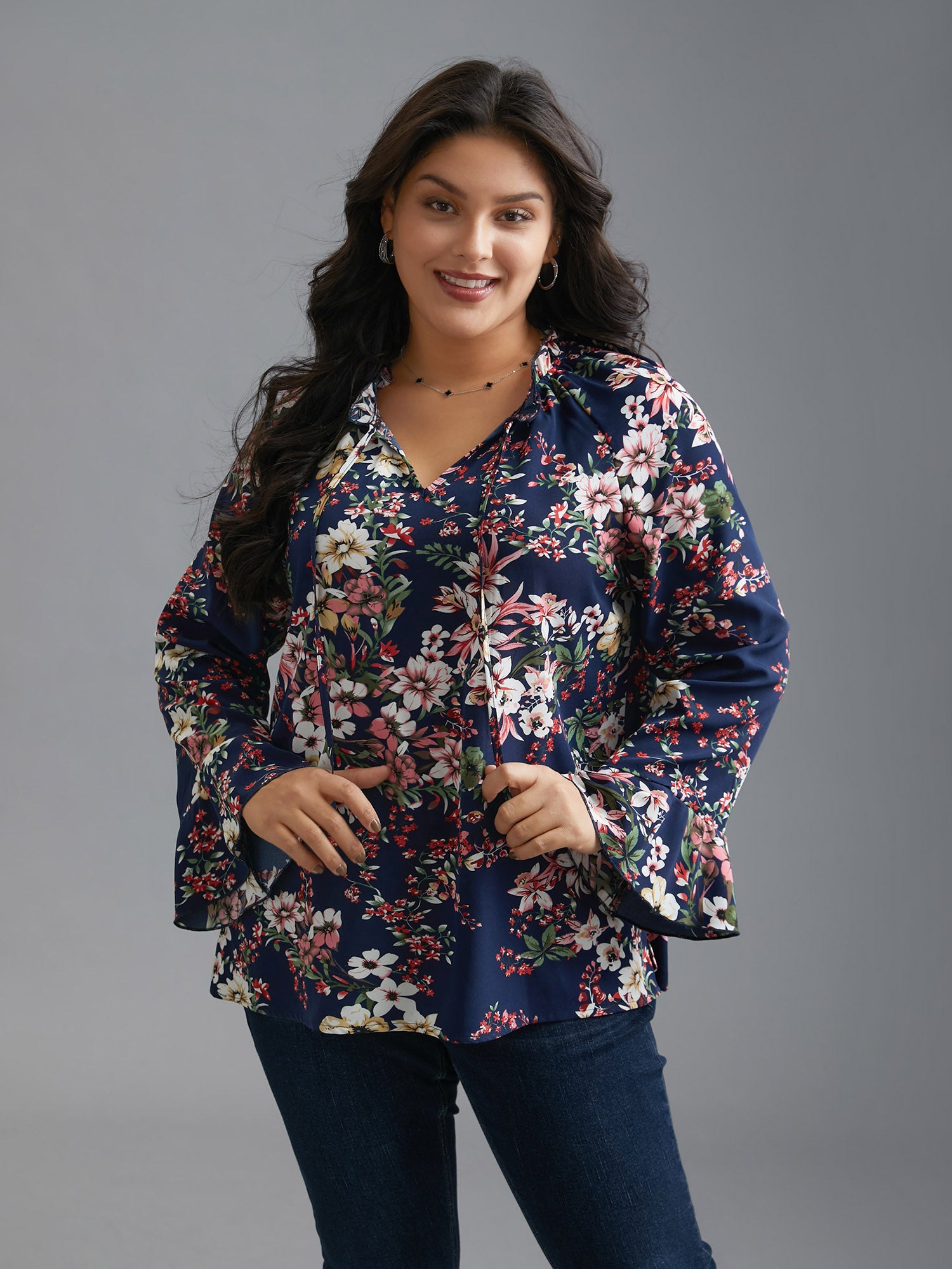 Floral Tie Knot Flutter Sleeve Blouse