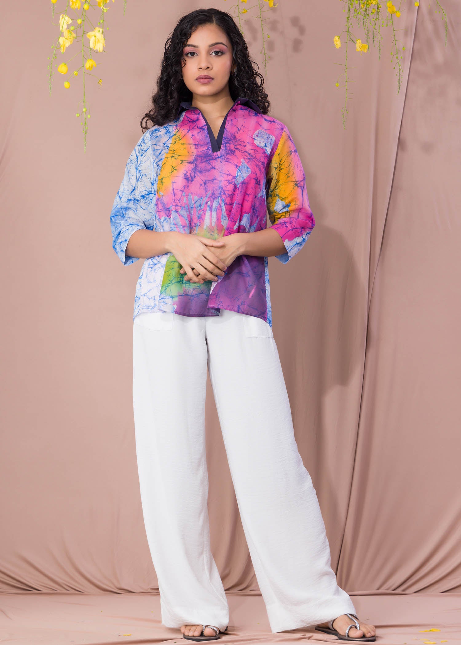 Batik Cracked Floral Blouse With Collar