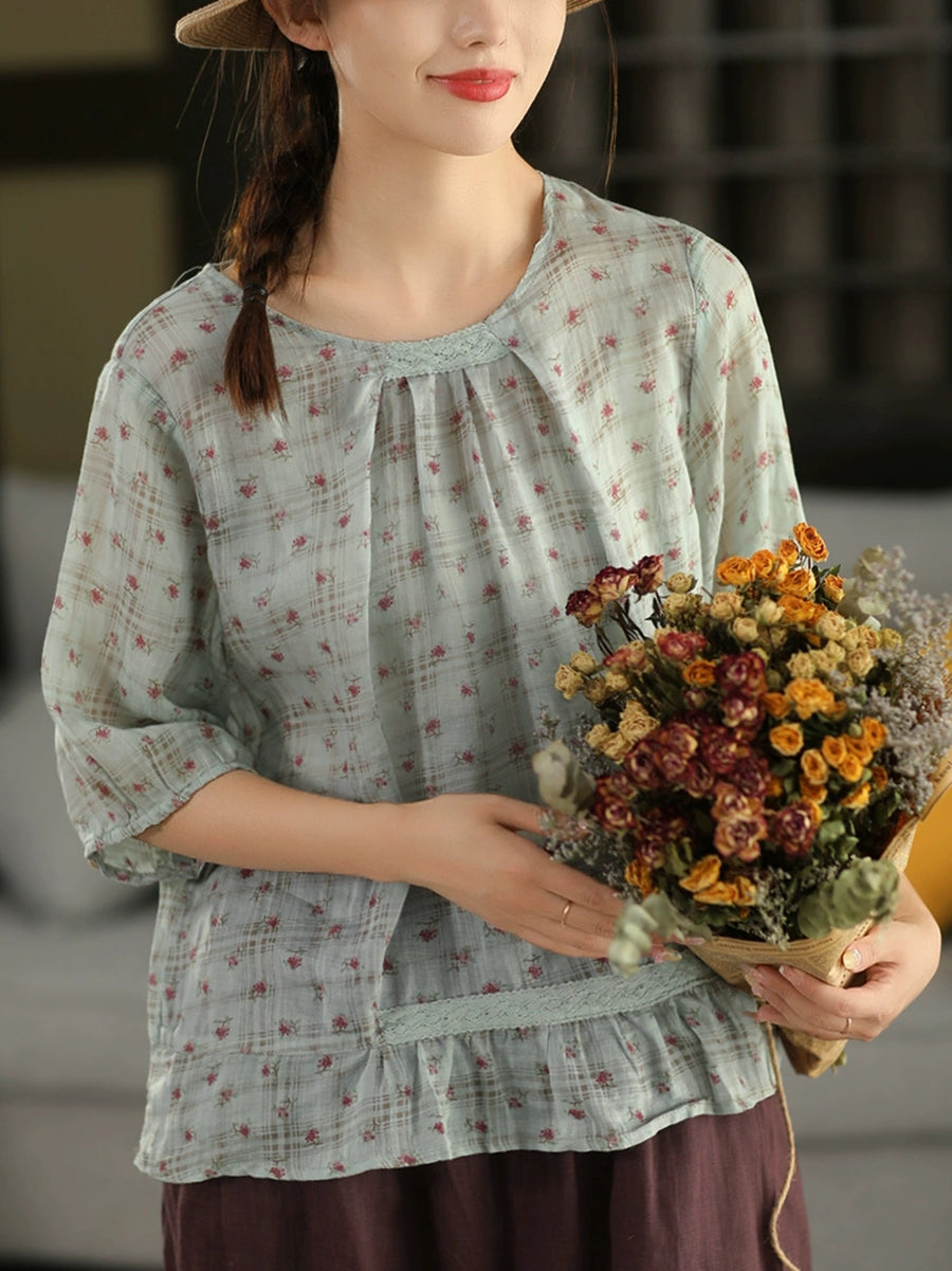 Women Summer Artsy Floral O-Nck 100%Ramie Shirt