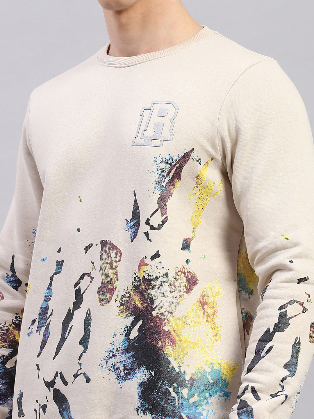 Men Beige Printed Round Neck Full Sleeve Sweatshirt