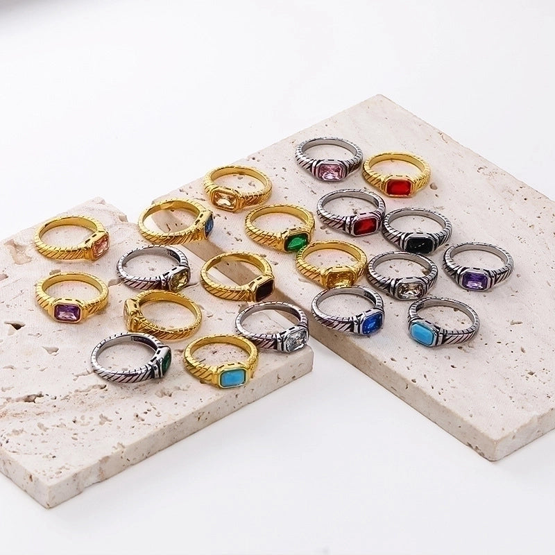 Casual Minimalist Rectangle Titanium Steel Plating Inlay Rhinestones Rings 1 Piece