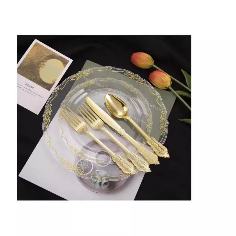 7.5-Inch 10.25-Inch Disposable Transparent Golden Edge Plate Plastic Relief Plate Golden Lace Plate Party Tableware