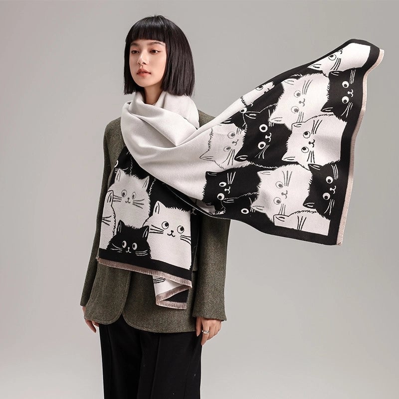 Women's Cute Streetwear Cartoon Cat Cotton Polyester Scarf