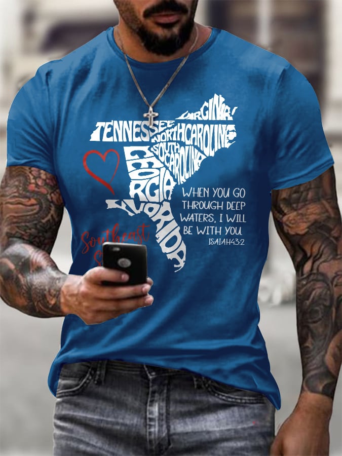 Men's Retro Southeast Strong When You Go Through Deep Waters. I Will Be With You Isaiah 43:2 Tennessee Georgia. South Carolina. North Carolina. . Virginia. Florida Print T-Shirt