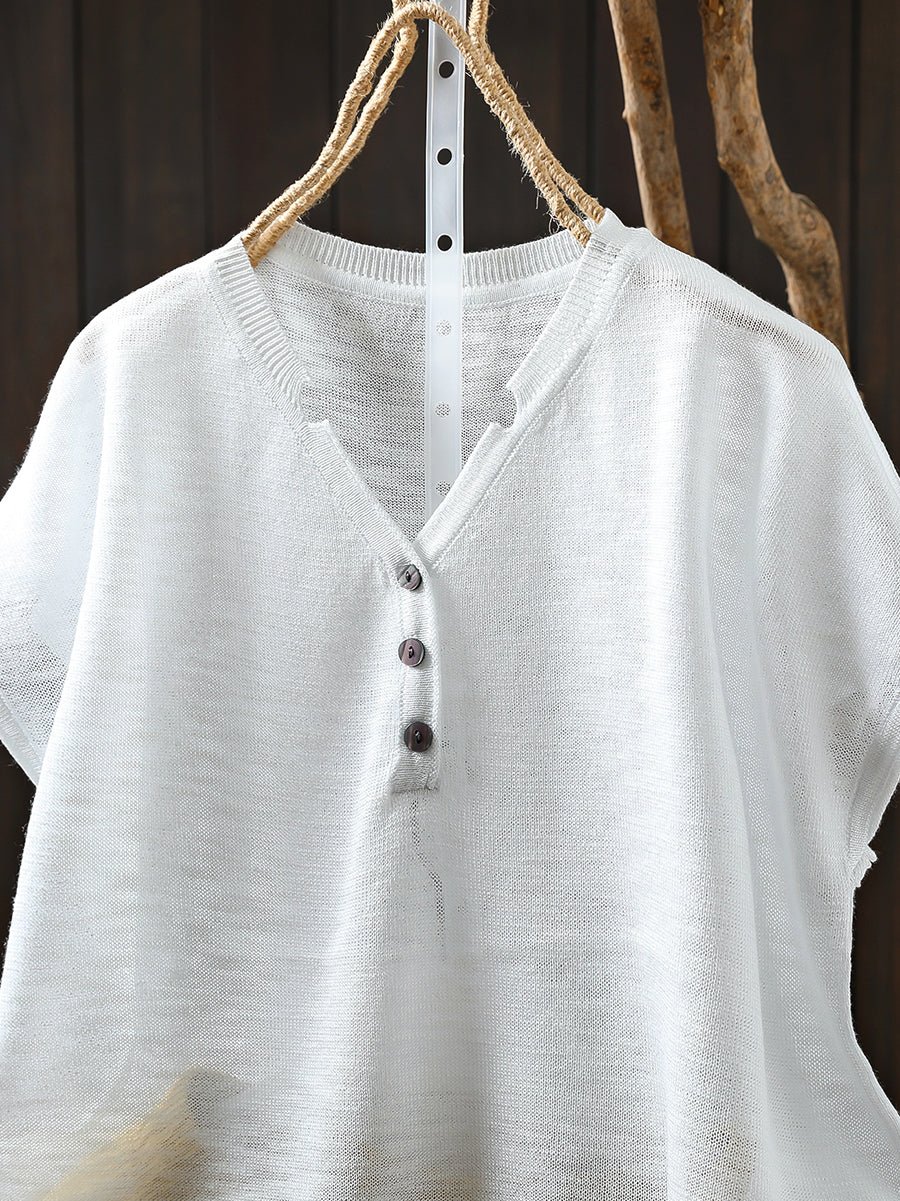 Women Summer Casual Pure Color Knitted V-Neck Shirt