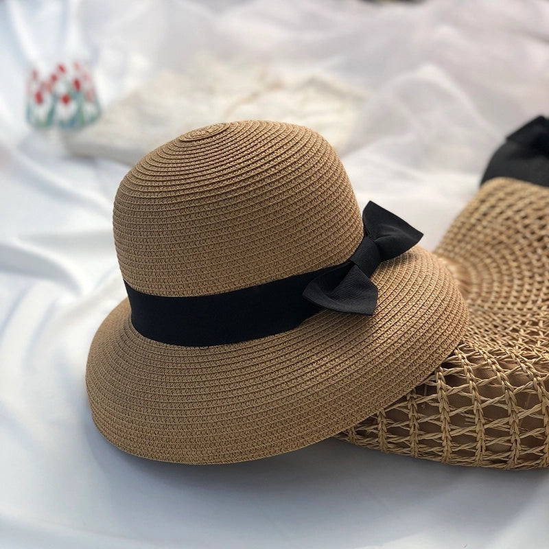 Women's Pastoral Solid Color Bowknot Wide Eaves Straw Hat