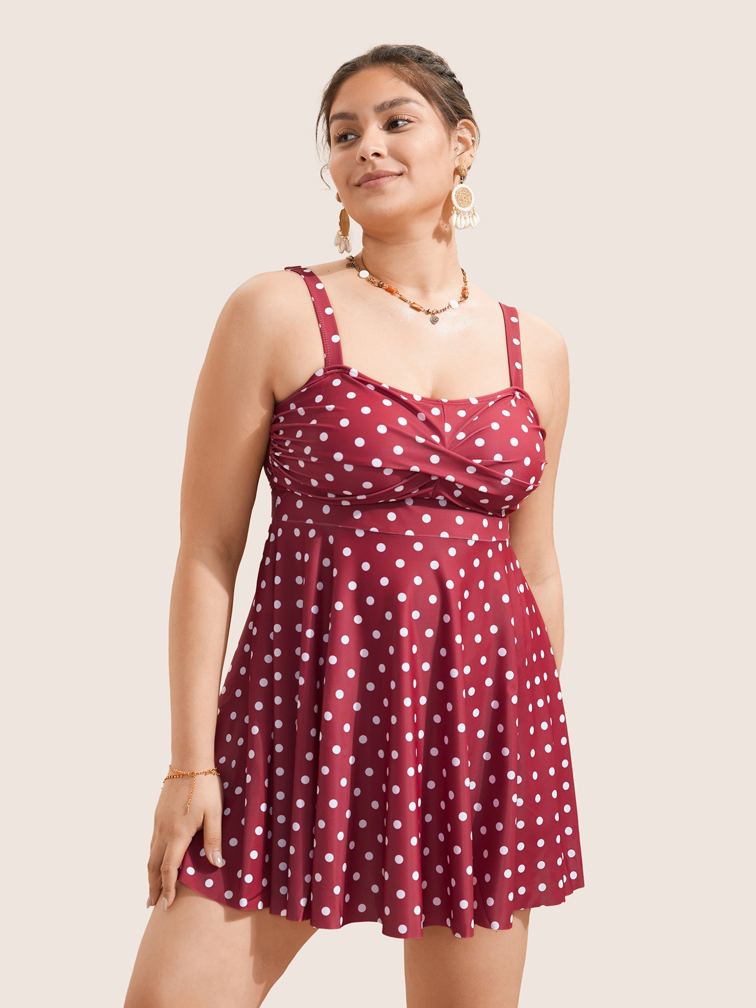 Polka Dot Crossover Ruched Flutter Hem Swim Dress