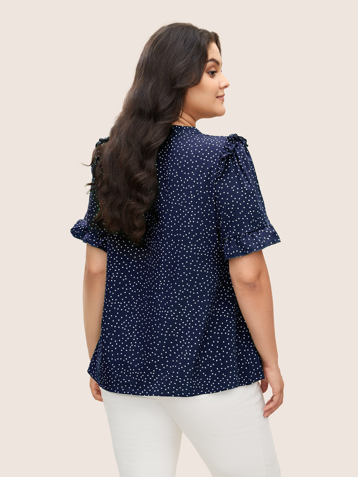 Polka Dot V Neck Ruffle Trim Blouse