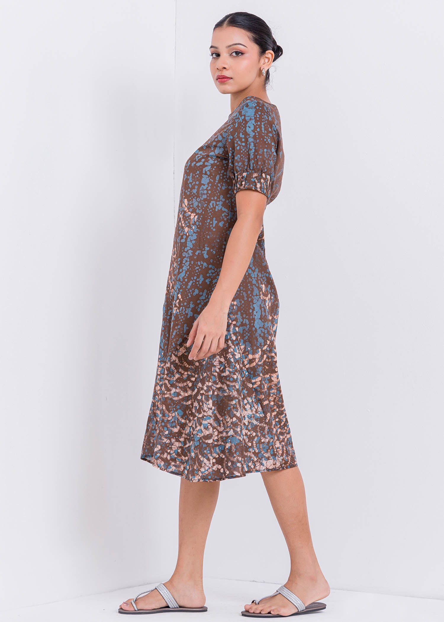 Batik Puff Sleeved Round Neck Dress