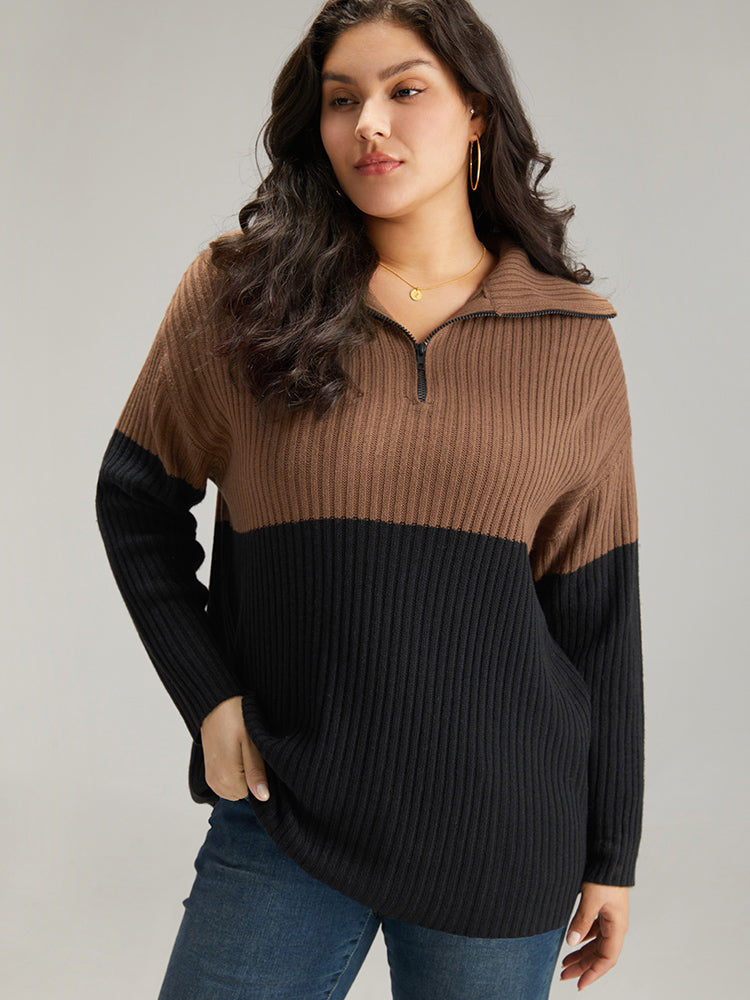 Colorblock Contrast Half Zip Lapel Collar Pullover