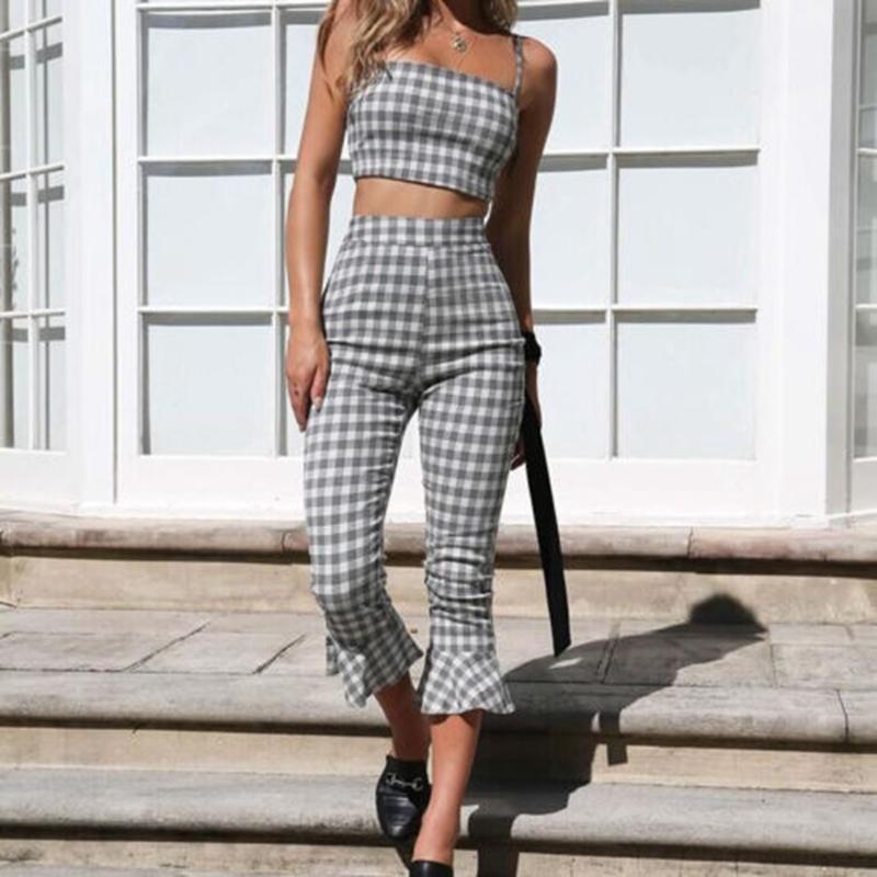 Grey Plaid Cropped Top Flared Pants (2 Piece Set)