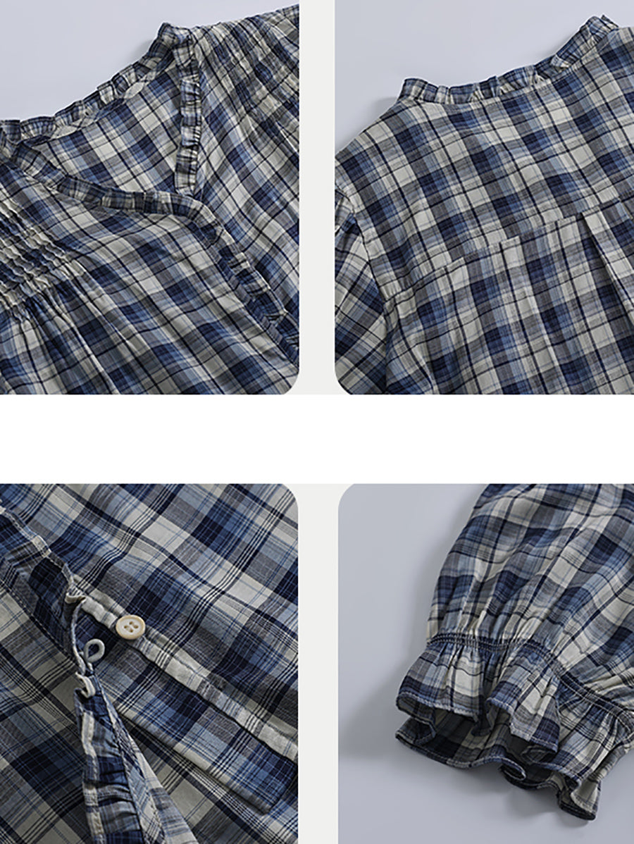 Women Summer Worn Plaid V-Neck Cotton Shirt