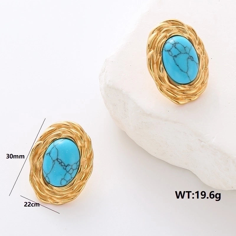 1 Pair Commute Solid Color Plating Inlay 304 Stainless Steel Turquoise 18K Gold Plated Earrings Ear Studs