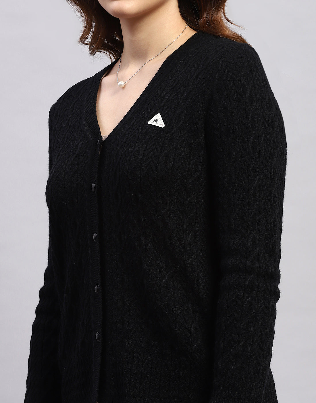 Women Black Self Design V Neck Full Sleeve Cardigan