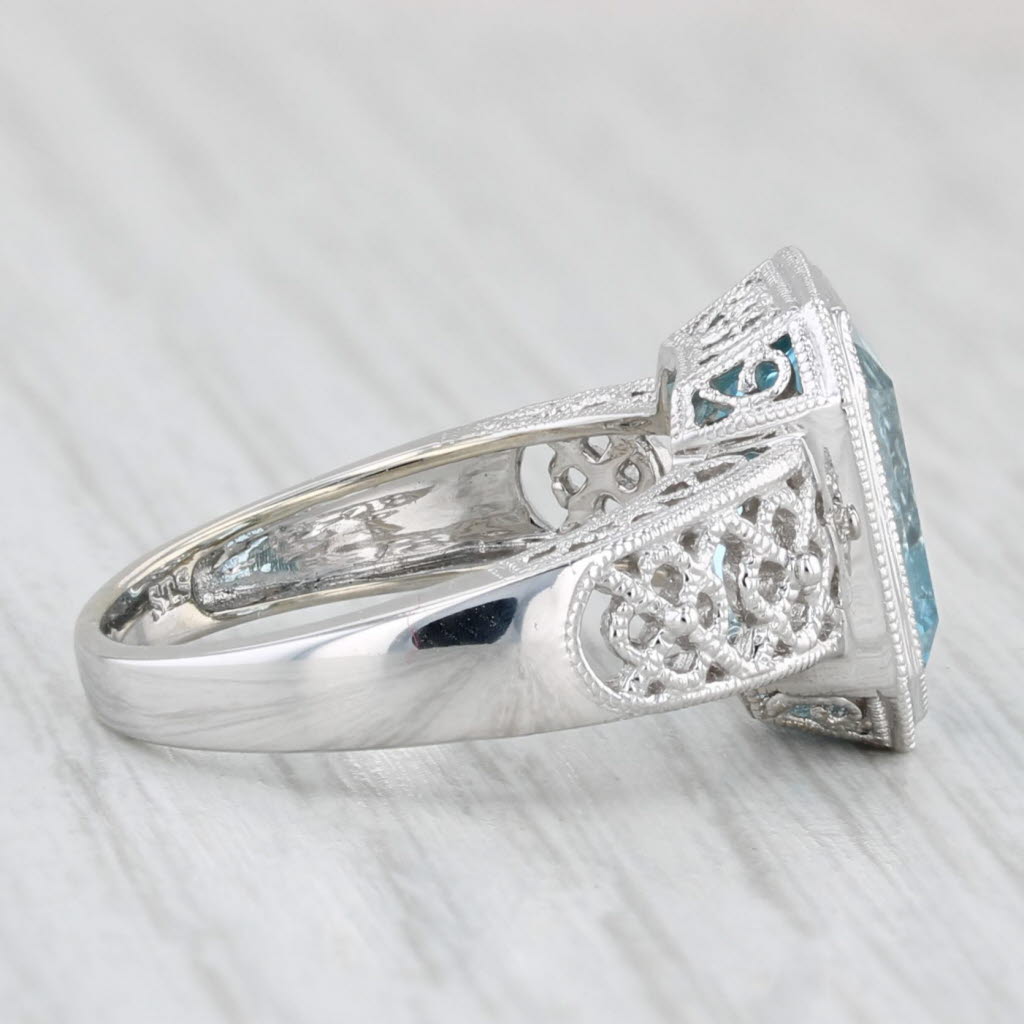6.45ct Blue Topaz Solitaire Filigree Ring 14k White Gold Size 7