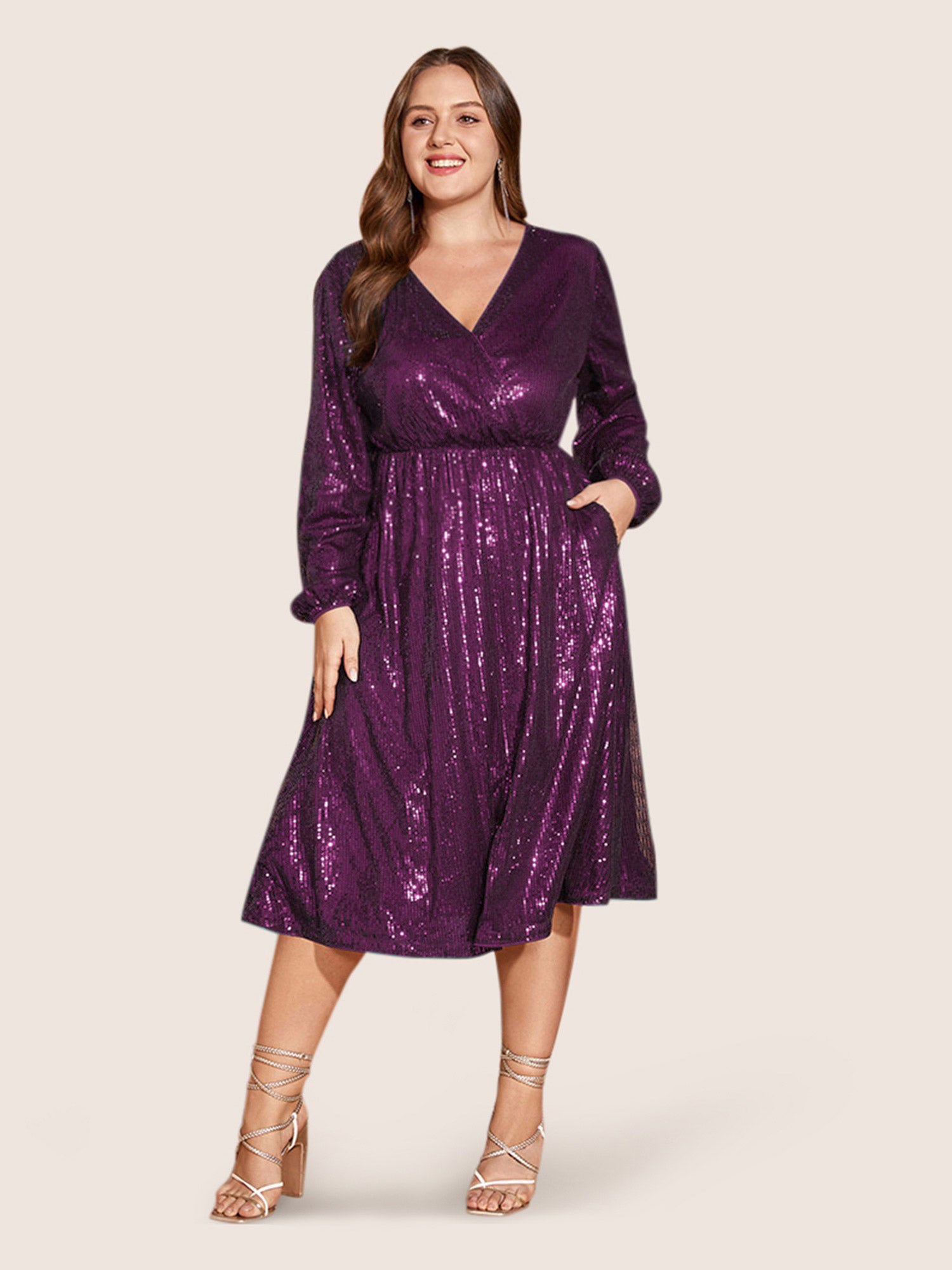 Solid Pocket Lantern Sleeve Wrap Sequin Dress