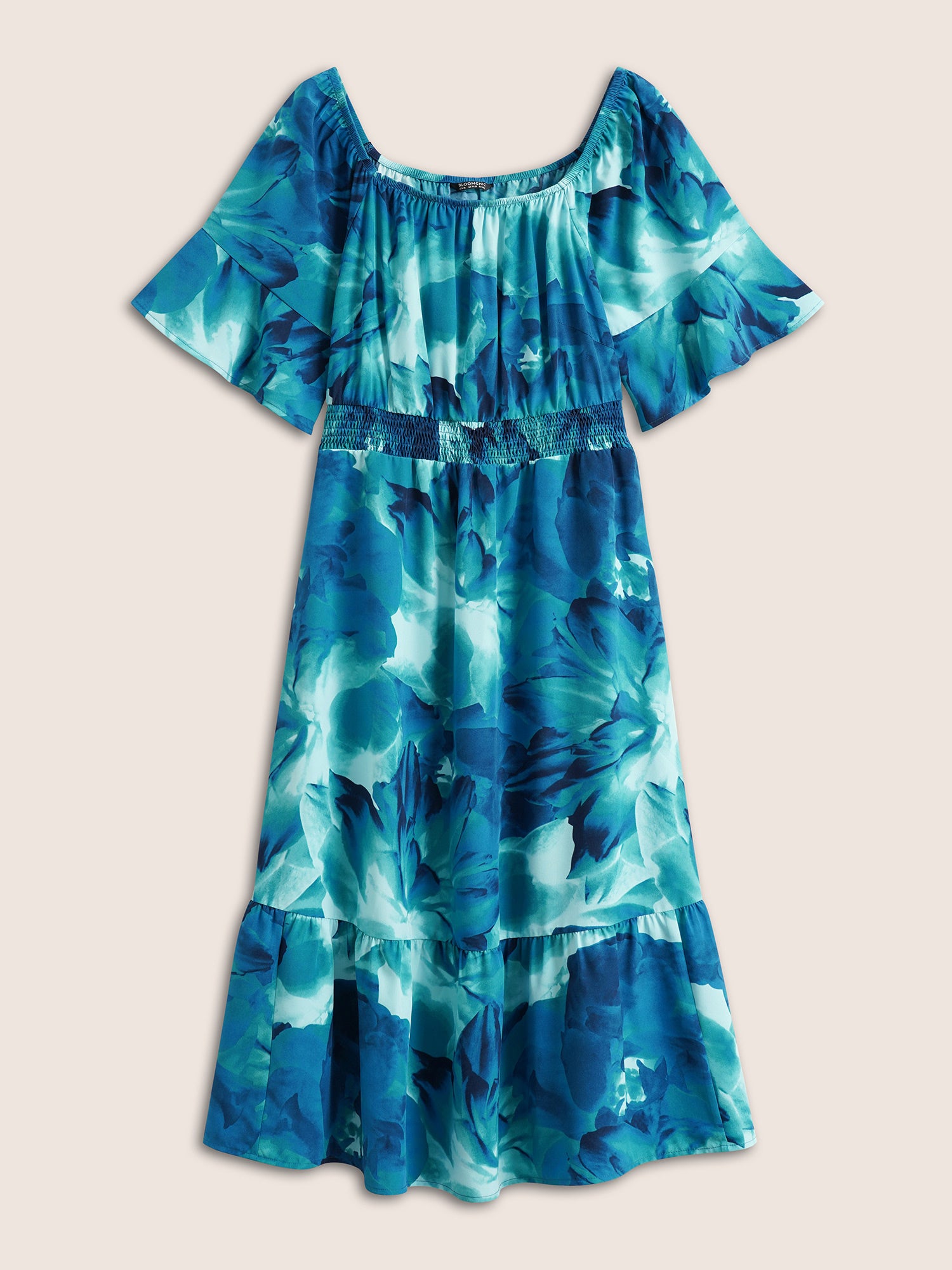 Square Neck Floral Shirred Gathered Ruffle Sleeve Dress