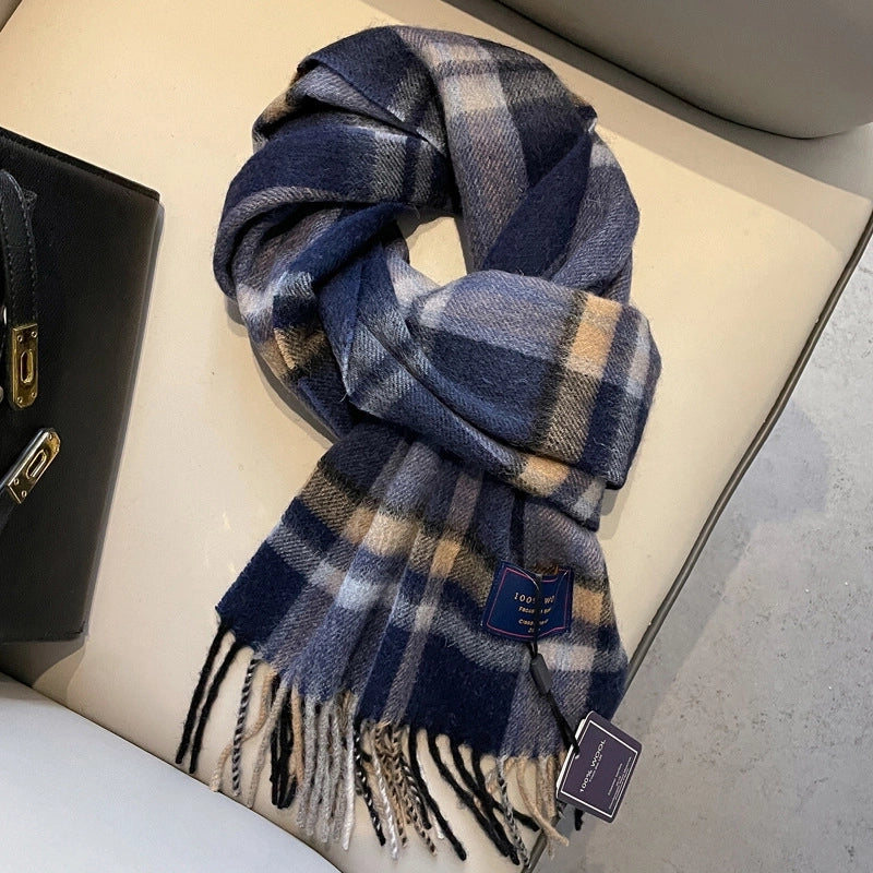 100% Wool Scarf Men's Winter Cashmere New Red Gift Box Packaging Gray Men's Plaid Scarf