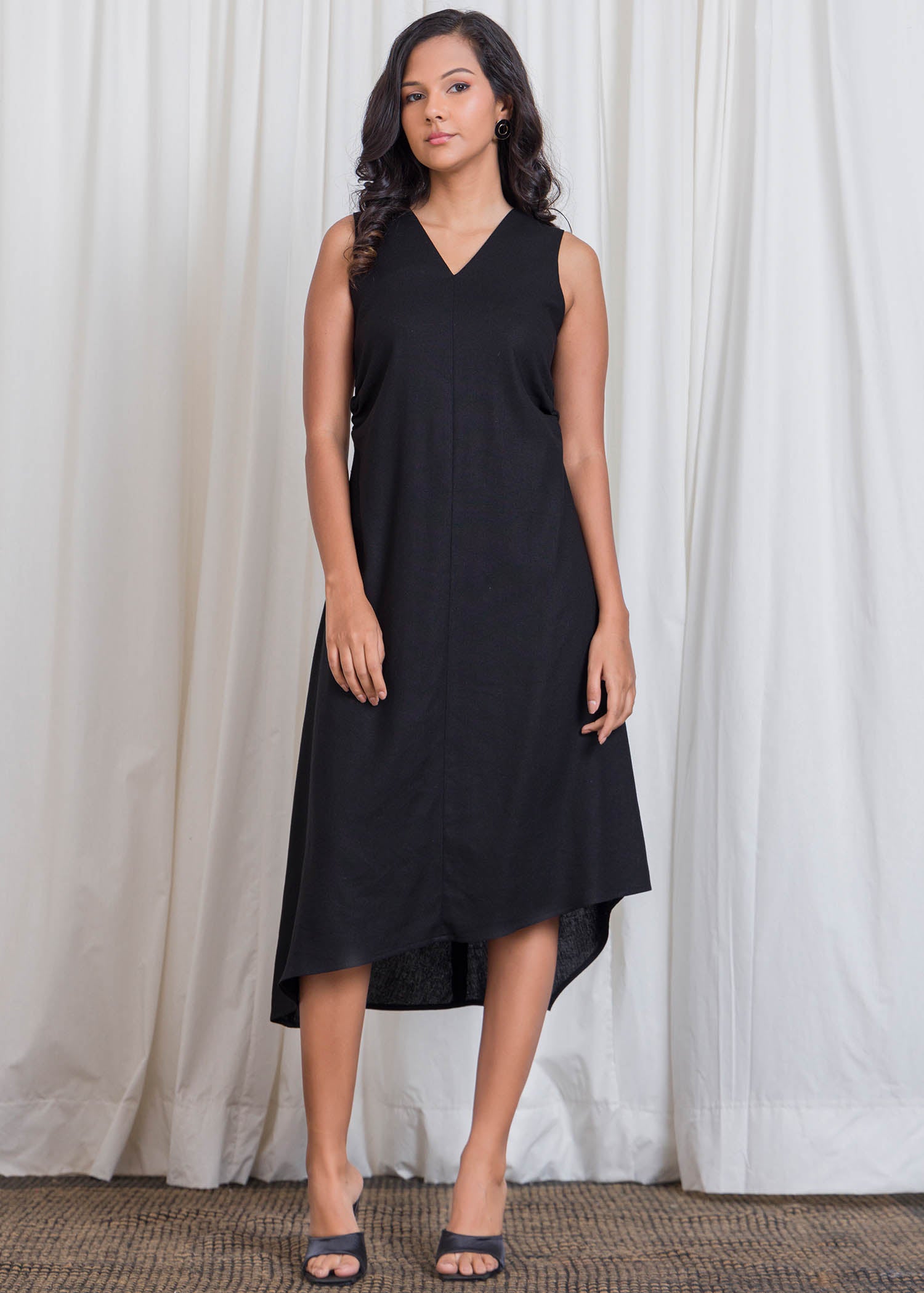 Uneven Hem Midi Dress With Side Ruched Detail