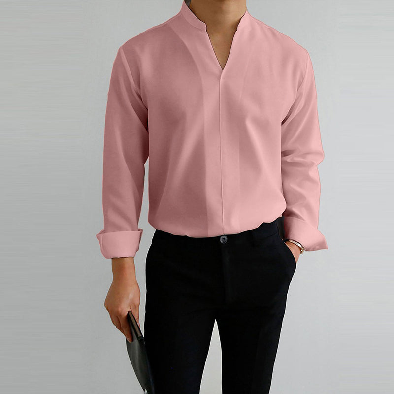 Men's Casual Solid Color V-Neck Long Sleeve Shirt