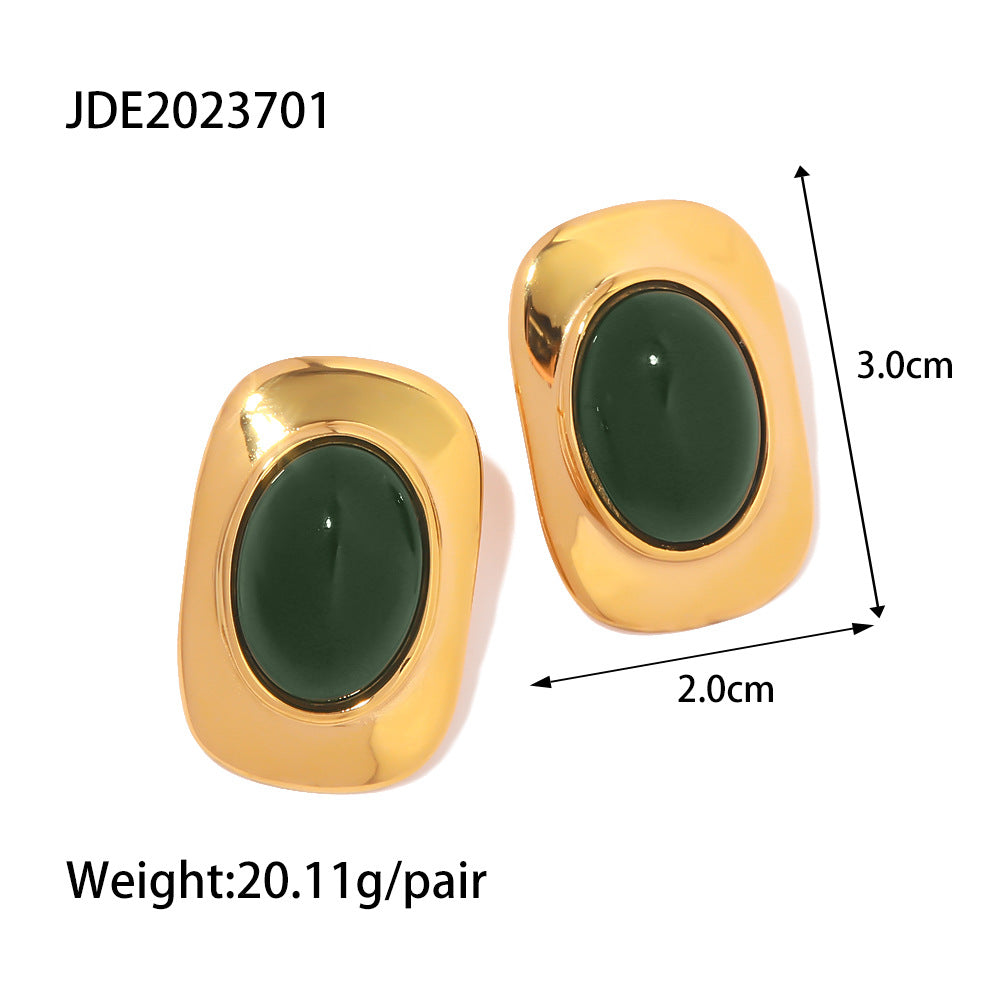 Jie Ding Stainless Steel Earrings Titanium Steel Earrings Green Agate Earrings