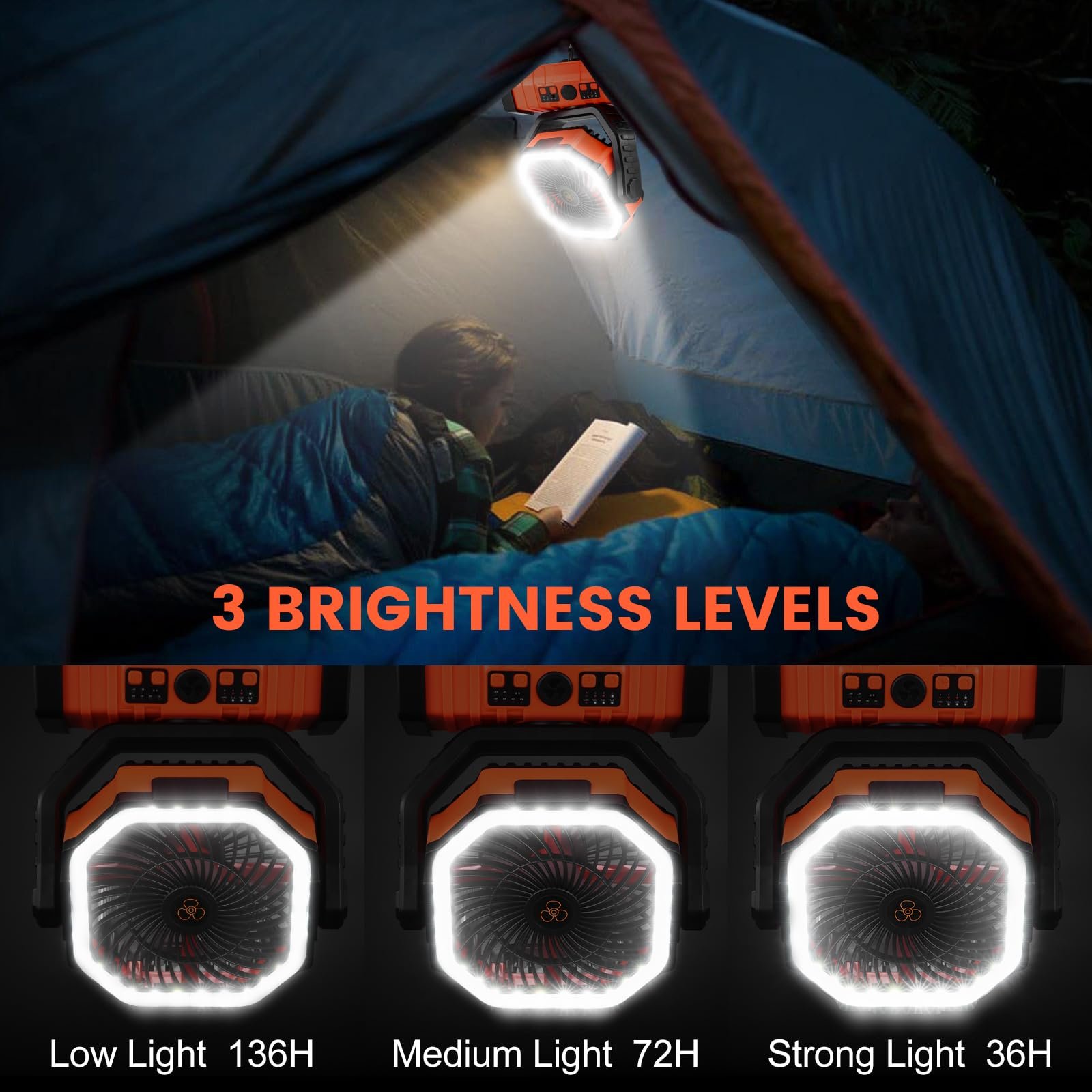 10000mAh Rechargeable Portable Camping Fan with LED Light