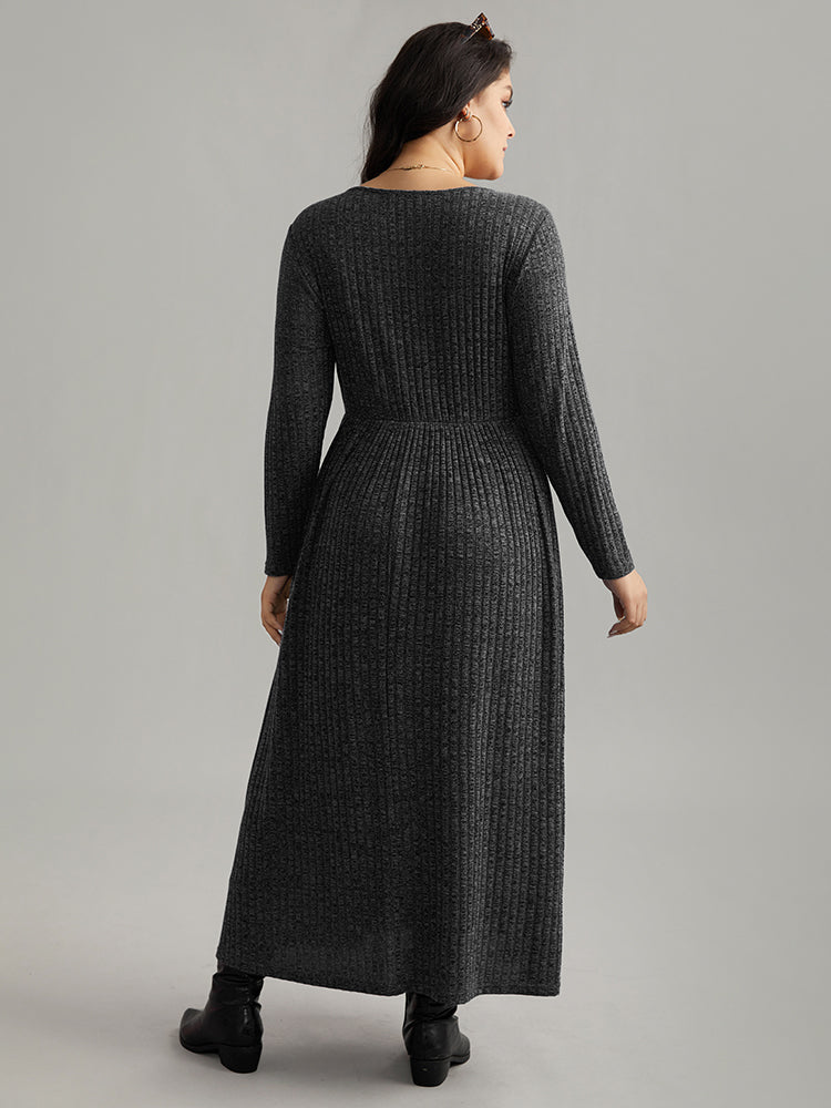 Solid Rib Knit Overlap Collar Pocket Dress